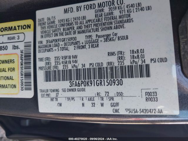 Photo 8 VIN: 3FA6P0K91GR150930 - FORD FUSION 