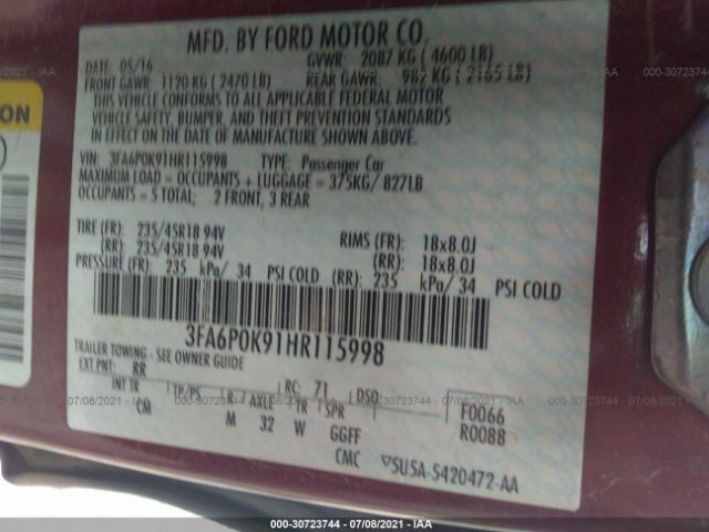 Photo 8 VIN: 3FA6P0K91HR115998 - FORD FUSION 