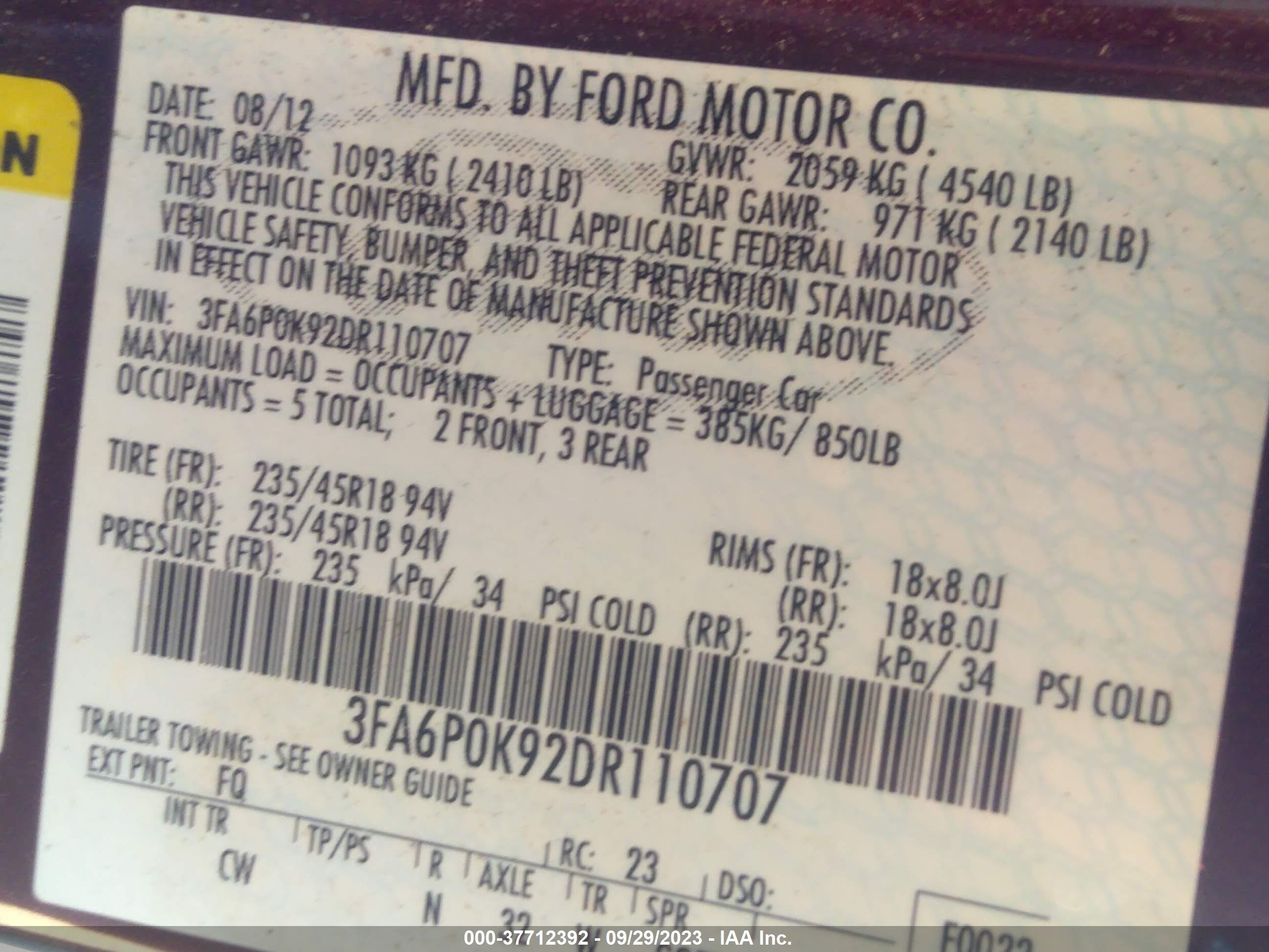 Photo 8 VIN: 3FA6P0K92DR110707 - FORD FUSION 