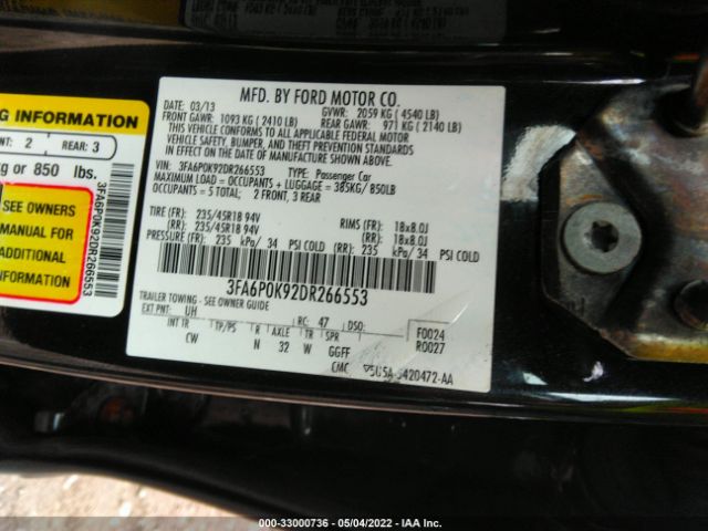 Photo 8 VIN: 3FA6P0K92DR266553 - FORD FUSION 