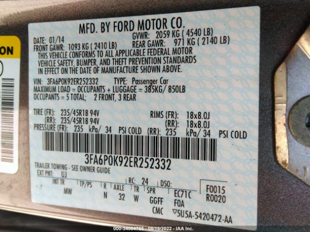 Photo 8 VIN: 3FA6P0K92ER252332 - FORD FUSION 