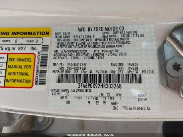 Photo 8 VIN: 3FA6P0K92HR333268 - FORD FUSION 