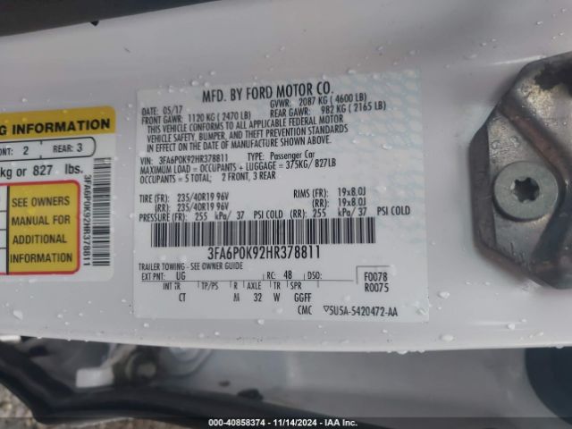 Photo 8 VIN: 3FA6P0K92HR378811 - FORD FUSION 