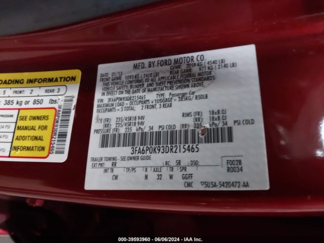 Photo 8 VIN: 3FA6P0K93DR215465 - FORD FUSION 