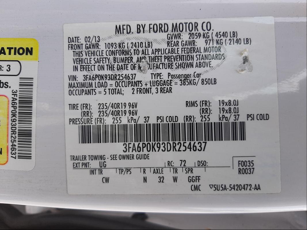 Photo 9 VIN: 3FA6P0K93DR254637 - FORD FUSION TIT 