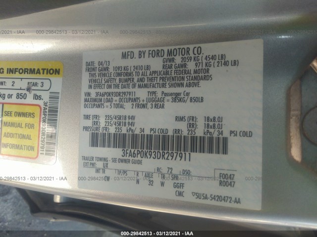 Photo 8 VIN: 3FA6P0K93DR297911 - FORD FUSION 