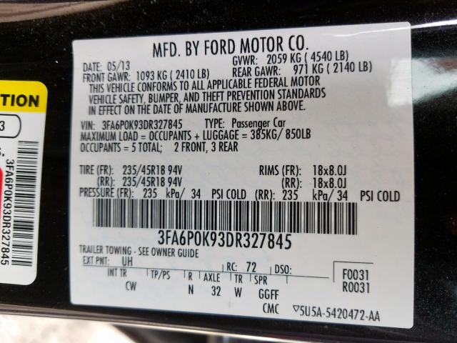 Photo 9 VIN: 3FA6P0K93DR327845 - FORD FUSION 