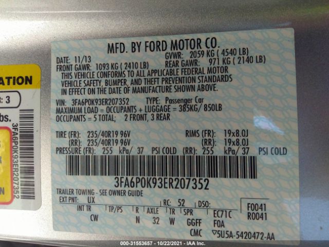 Photo 8 VIN: 3FA6P0K93ER207352 - FORD FUSION 