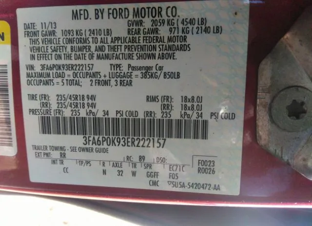 Photo 8 VIN: 3FA6P0K93ER222157 - FORD FUSION 