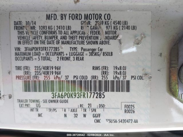 Photo 8 VIN: 3FA6P0K93FR177285 - FORD FUSION 