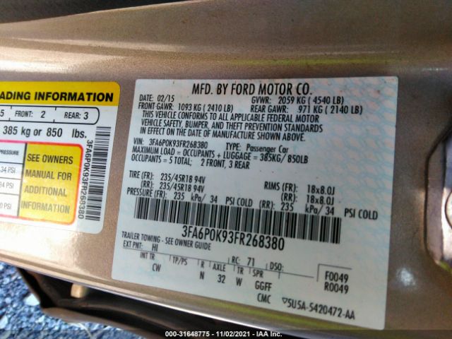 Photo 8 VIN: 3FA6P0K93FR268380 - FORD FUSION 