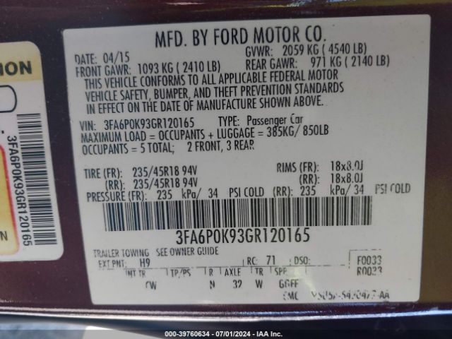 Photo 8 VIN: 3FA6P0K93GR120165 - FORD FUSION 