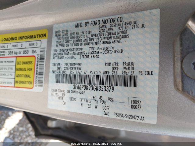 Photo 8 VIN: 3FA6P0K93GR353379 - FORD FUSION 