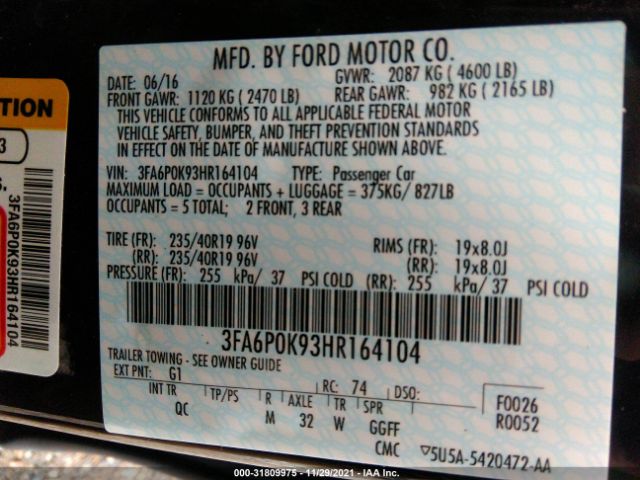 Photo 8 VIN: 3FA6P0K93HR164104 - FORD FUSION 