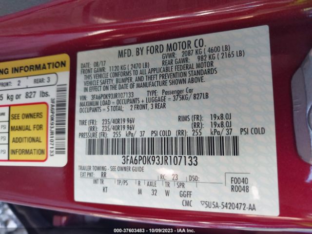 Photo 8 VIN: 3FA6P0K93JR107133 - FORD FUSION 