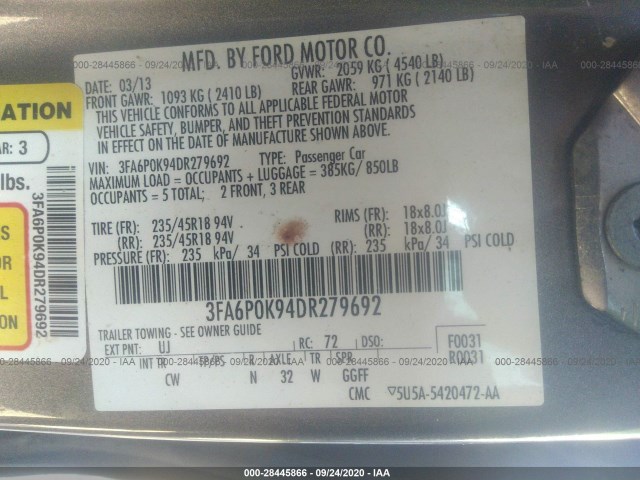 Photo 8 VIN: 3FA6P0K94DR279692 - FORD FUSION 