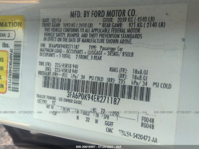 Photo 8 VIN: 3FA6P0K94ER271187 - FORD FUSION 