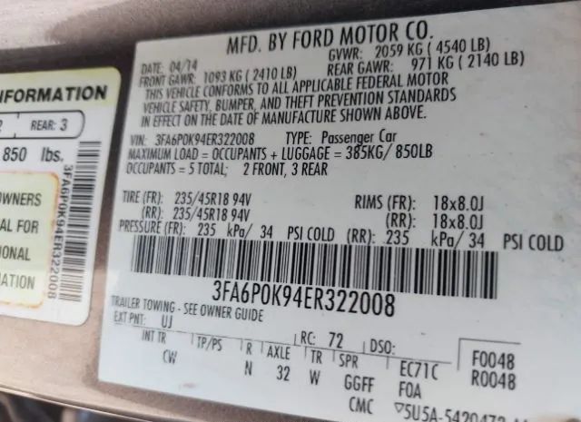 Photo 8 VIN: 3FA6P0K94ER322008 - FORD FUSION 