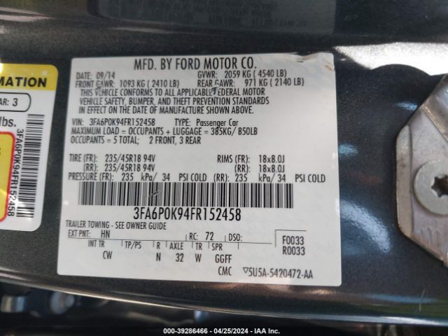 Photo 8 VIN: 3FA6P0K94FR152458 - FORD FUSION 