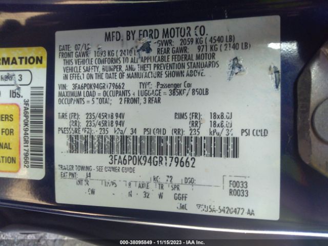 Photo 8 VIN: 3FA6P0K94GR179662 - FORD FUSION 