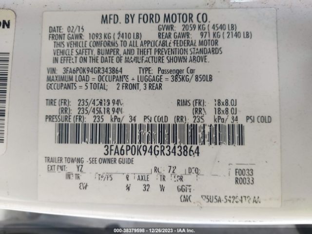 Photo 8 VIN: 3FA6P0K94GR343864 - FORD FUSION 