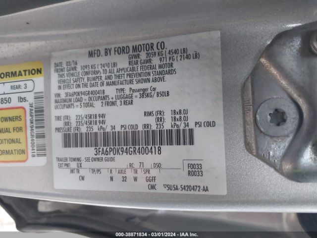 Photo 8 VIN: 3FA6P0K94GR400418 - FORD FUSION 