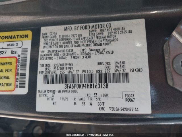 Photo 8 VIN: 3FA6P0K94HR163138 - FORD FUSION 