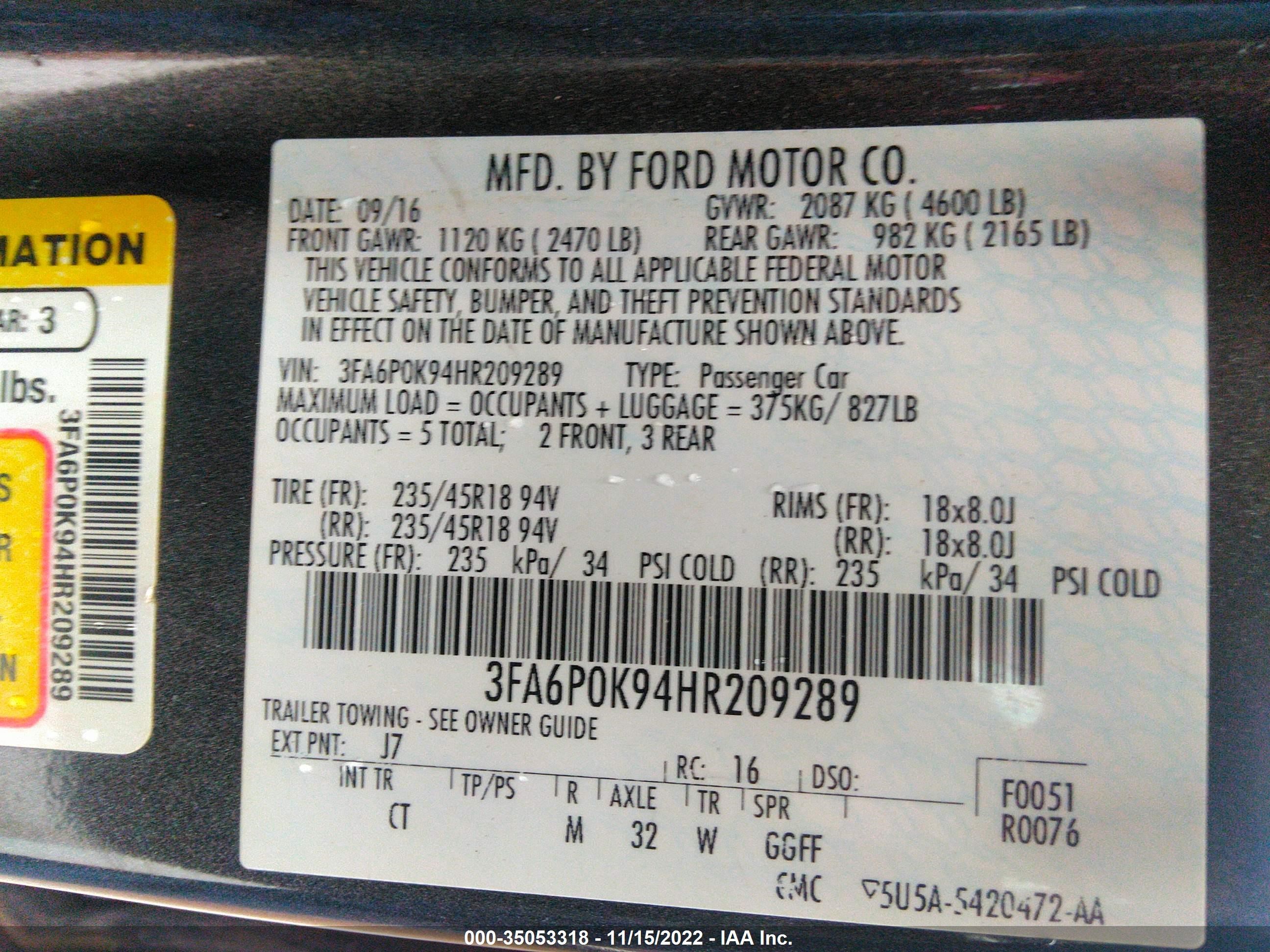 Photo 8 VIN: 3FA6P0K94HR209289 - FORD FUSION 