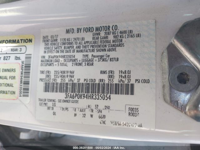 Photo 8 VIN: 3FA6P0K94HR335054 - FORD FUSION 