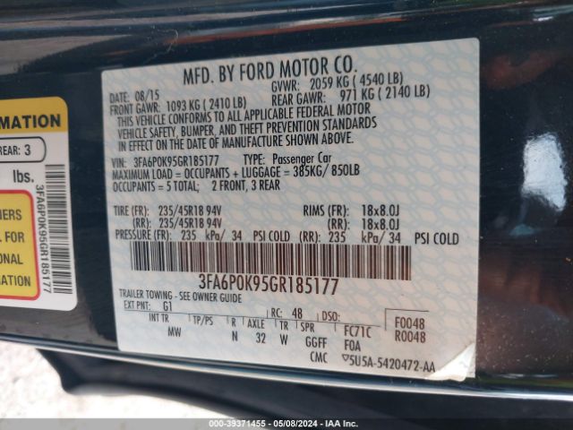 Photo 8 VIN: 3FA6P0K95GR185177 - FORD FUSION 