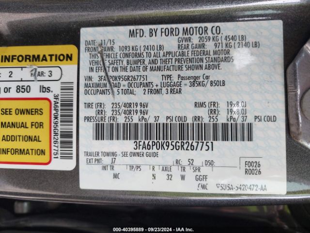 Photo 8 VIN: 3FA6P0K95GR267751 - FORD FUSION 