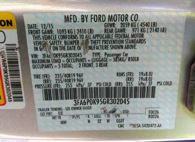 Photo 8 VIN: 3FA6P0K95GR302045 - FORD FUSION 