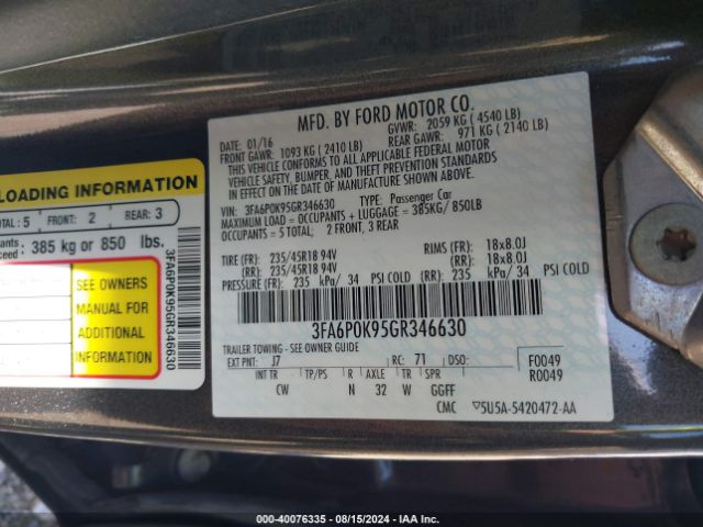 Photo 8 VIN: 3FA6P0K95GR346630 - FORD FUSION 