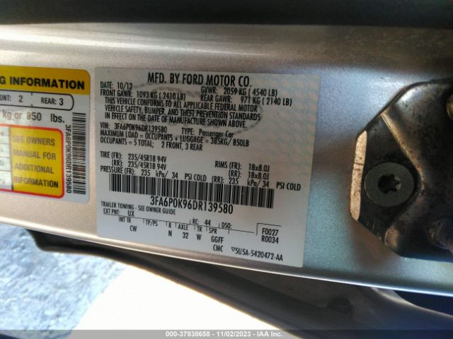 Photo 8 VIN: 3FA6P0K96DR139580 - FORD FUSION 