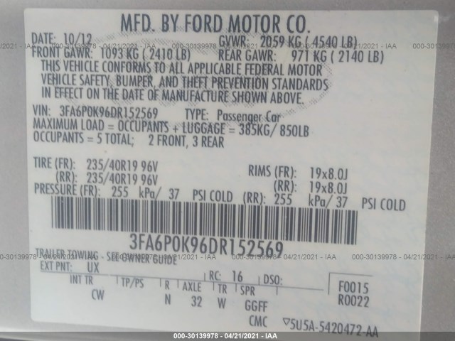 Photo 8 VIN: 3FA6P0K96DR152569 - FORD FUSION 