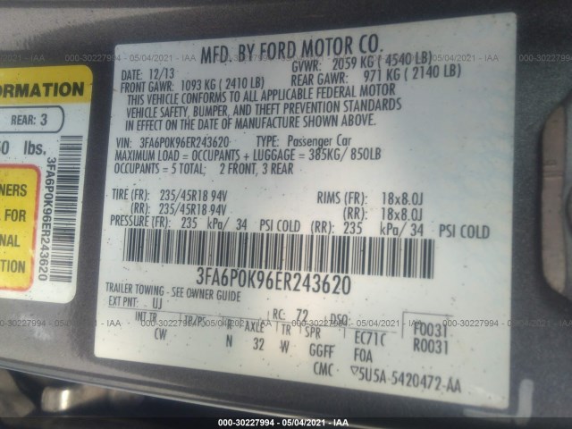 Photo 8 VIN: 3FA6P0K96ER243620 - FORD FUSION 