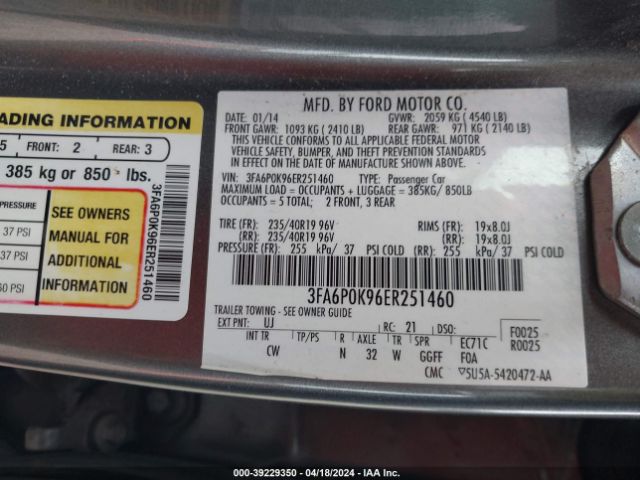 Photo 8 VIN: 3FA6P0K96ER251460 - FORD FUSION 