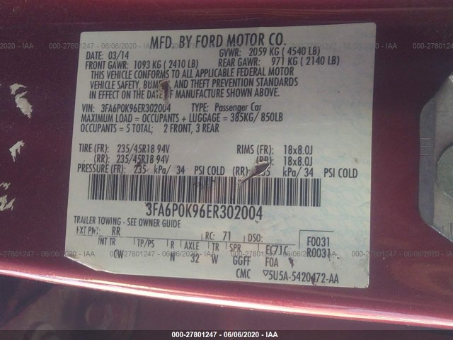 Photo 8 VIN: 3FA6P0K96ER302004 - FORD FUSION 