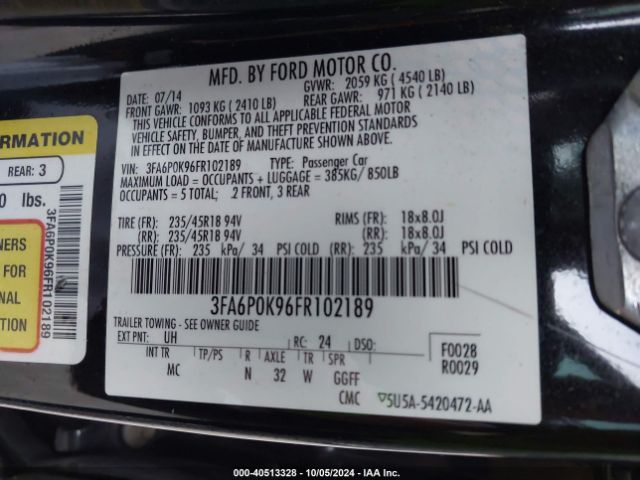 Photo 8 VIN: 3FA6P0K96FR102189 - FORD FUSION 