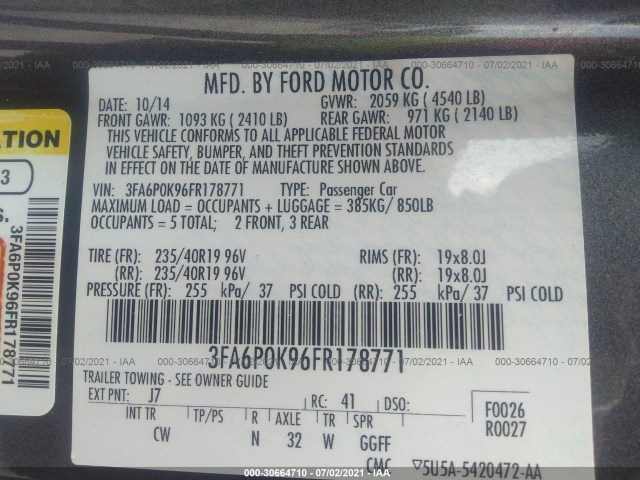 Photo 8 VIN: 3FA6P0K96FR178771 - FORD FUSION 