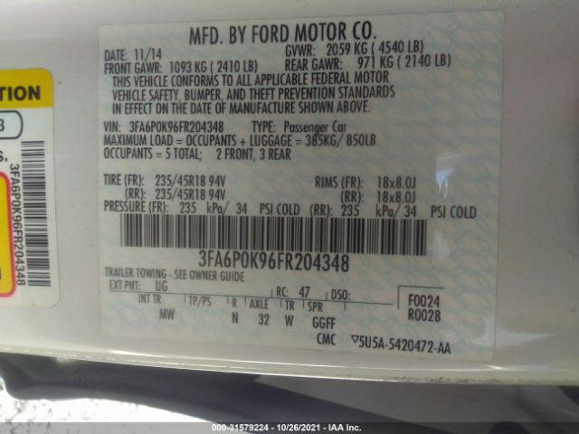 Photo 8 VIN: 3FA6P0K96FR204348 - FORD FUSION 