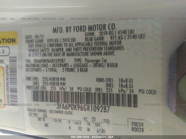 Photo 8 VIN: 3FA6P0K96GR109287 - FORD FUSION 