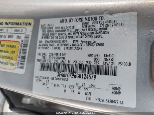 Photo 8 VIN: 3FA6P0K96GR124579 - FORD FUSION 