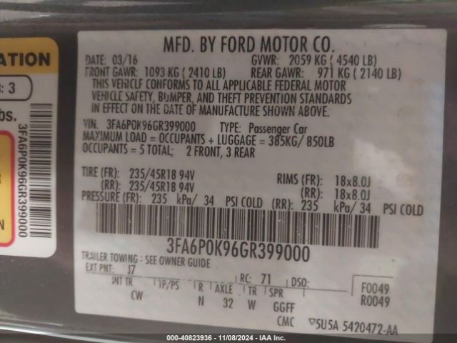 Photo 8 VIN: 3FA6P0K96GR399000 - FORD FUSION 