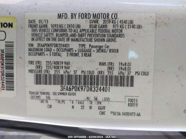 Photo 8 VIN: 3FA6P0K97DR324401 - FORD FUSION 