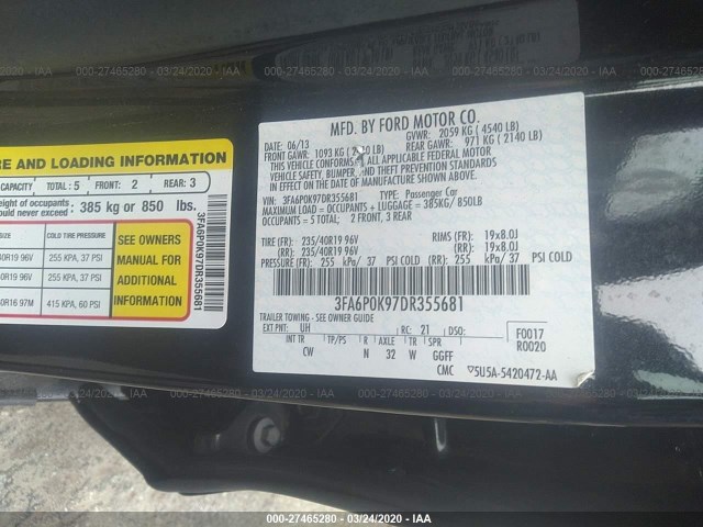 Photo 8 VIN: 3FA6P0K97DR355681 - FORD FUSION 