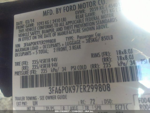 Photo 8 VIN: 3FA6P0K97ER299808 - FORD FUSION 