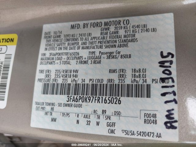 Photo 8 VIN: 3FA6P0K97FR165026 - FORD FUSION 