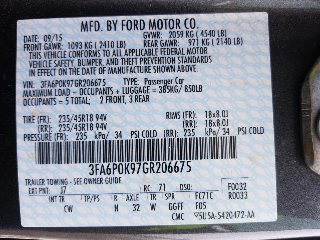 Photo 9 VIN: 3FA6P0K97GR206675 - FORD FUSION TIT 