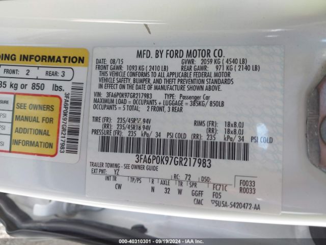 Photo 8 VIN: 3FA6P0K97GR217983 - FORD FUSION 